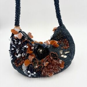 Beaded Sequined Flower Evening Bag Party Clutch‎ Cocktail Purse Made in India